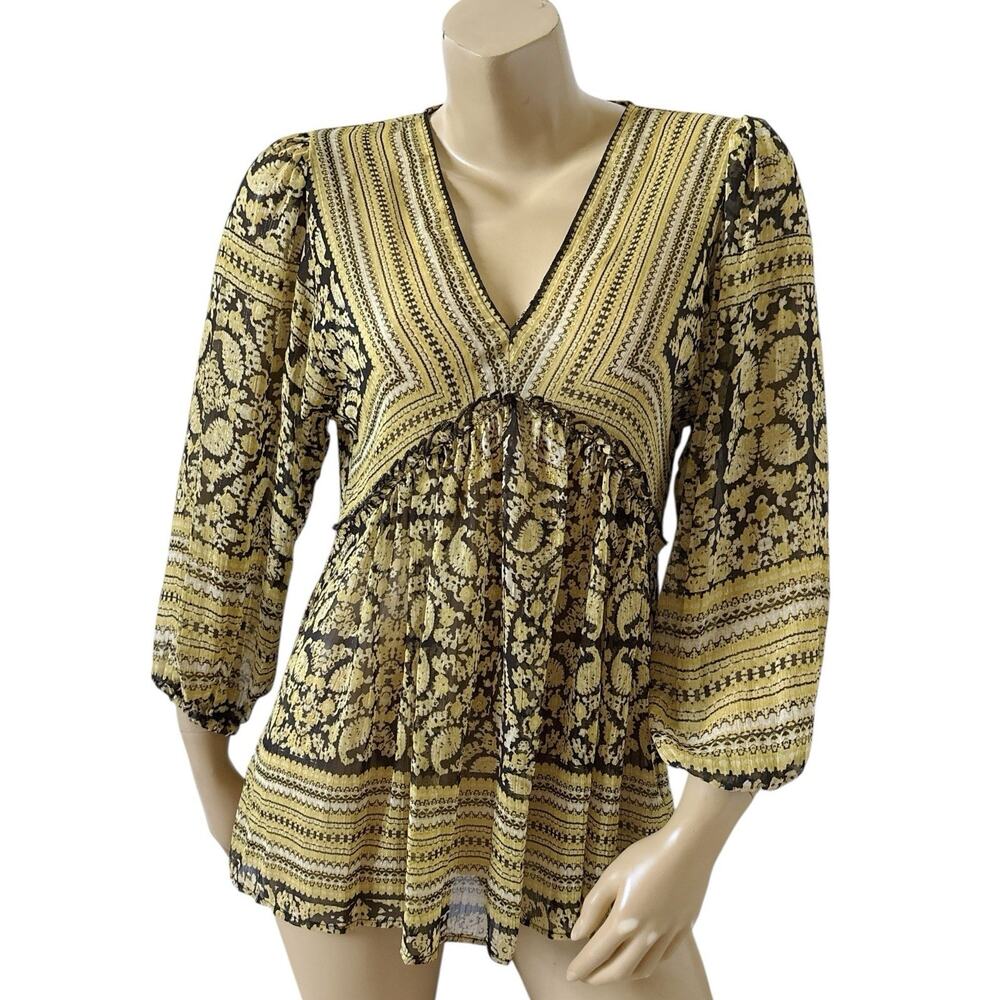 ROSE & OLIVE Womens Size Small Sheer Balloon Sleeve Black Gold V Neck Shirt Top